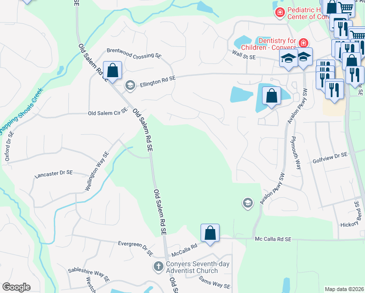 map of restaurants, bars, coffee shops, grocery stores, and more near 2660 Old Salem Road Southeast in Conyers