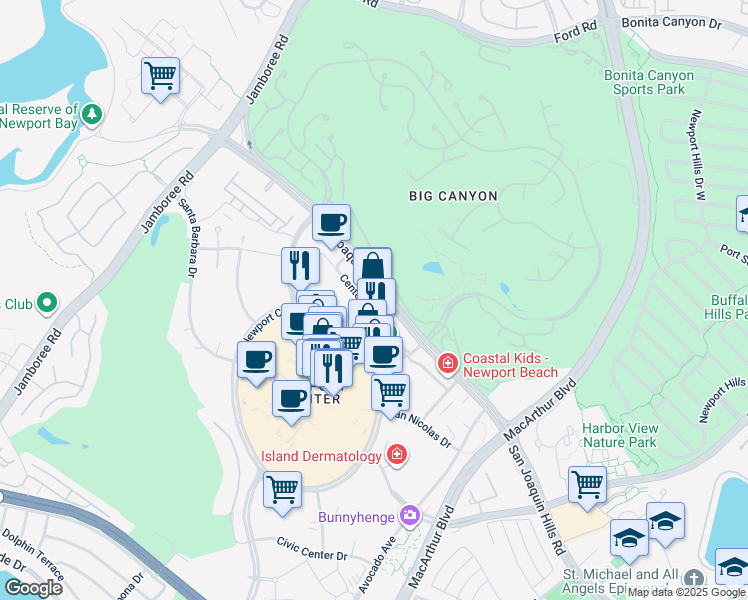 map of restaurants, bars, coffee shops, grocery stores, and more near 620 Newport Center Drive in Newport Beach