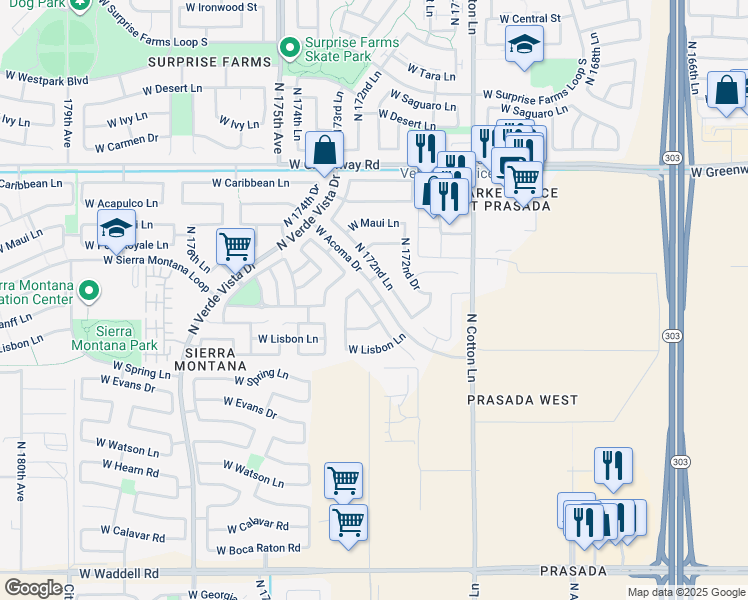 map of restaurants, bars, coffee shops, grocery stores, and more near 14837 North 173rd Drive in Surprise