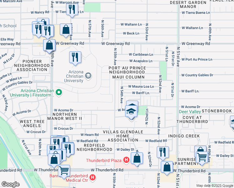 map of restaurants, bars, coffee shops, grocery stores, and more near 14665 North 55th Avenue in Glendale