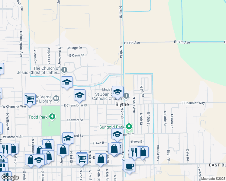 map of restaurants, bars, coffee shops, grocery stores, and more near 586 North 6th Street in Blythe