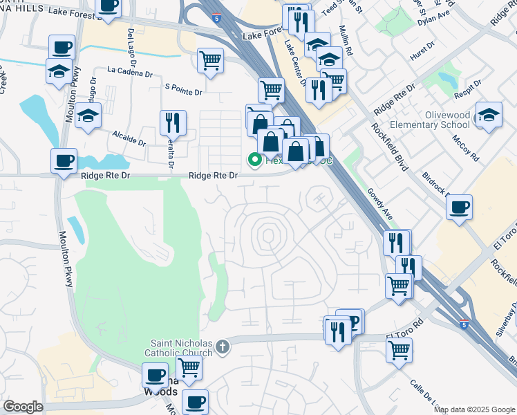 map of restaurants, bars, coffee shops, grocery stores, and more near 2277 Via Mariposa East in Laguna Woods
