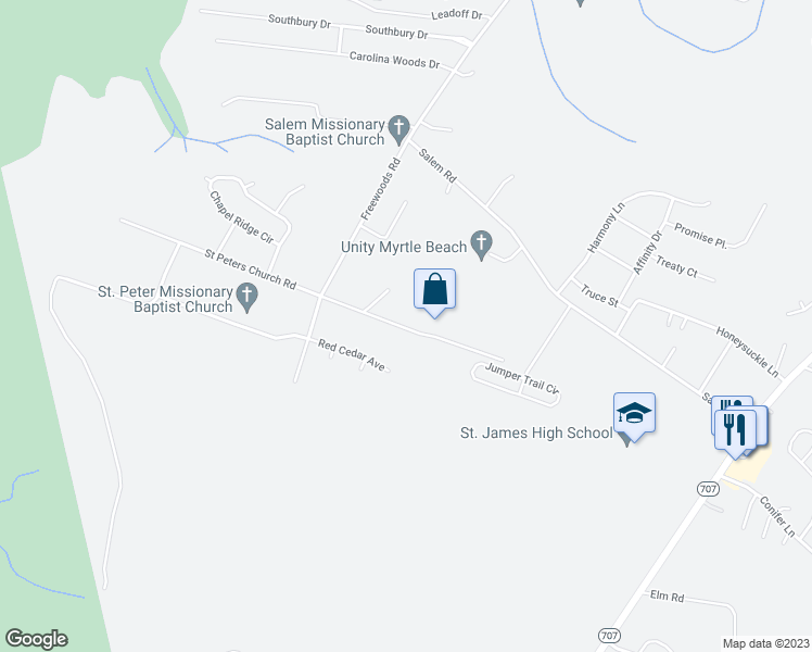 map of restaurants, bars, coffee shops, grocery stores, and more near 6165A Saint Peters Church Road in Myrtle Beach