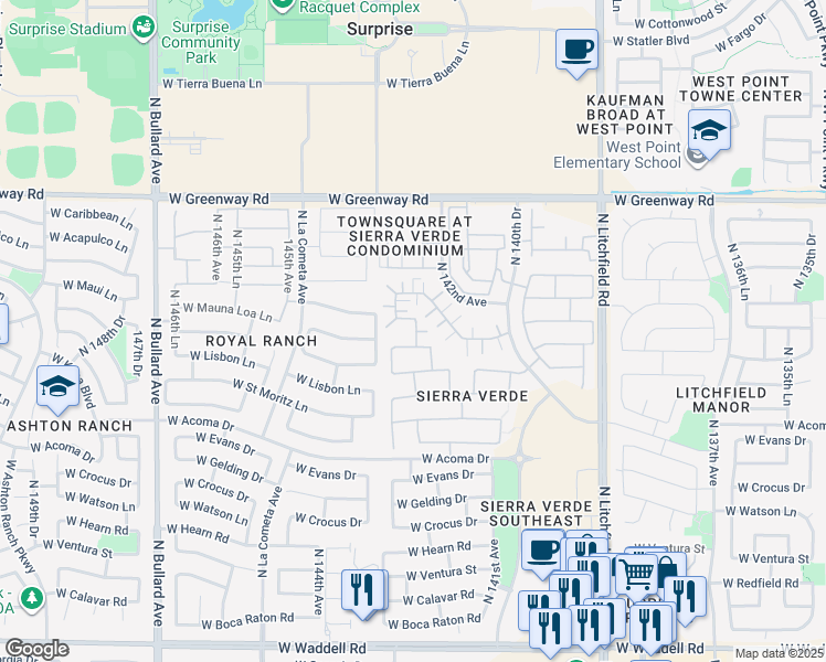 map of restaurants, bars, coffee shops, grocery stores, and more near 14237 North 142nd Drive in Surprise