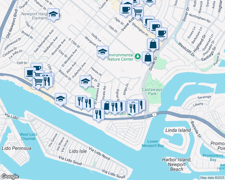 map of restaurants, bars, coffee shops, grocery stores, and more near 406 Snug Harbor Road in Newport Beach