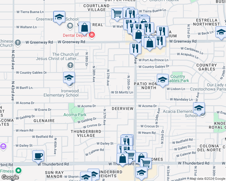 map of restaurants, bars, coffee shops, grocery stores, and more near 3632 West Saint Moritz Lane in Phoenix