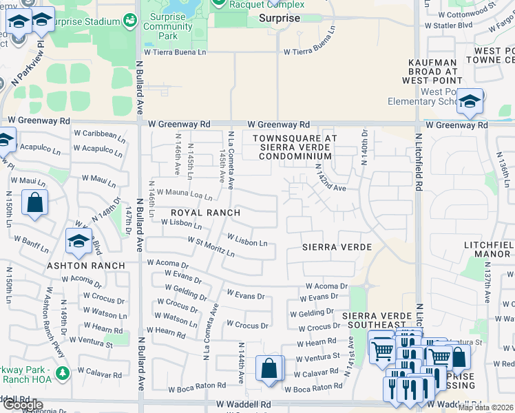 map of restaurants, bars, coffee shops, grocery stores, and more near 14412 West Mauna Loa Lane in Surprise