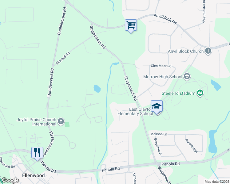 map of restaurants, bars, coffee shops, grocery stores, and more near 3373 Ashford Loop in Ellenwood