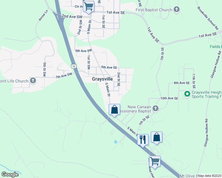 map of restaurants, bars, coffee shops, grocery stores, and more near 890 1st Street Southwest in Graysville