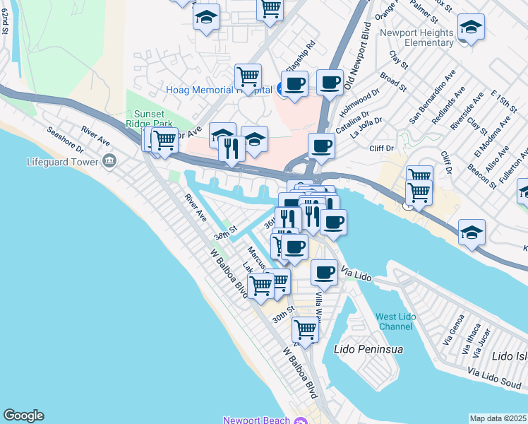 map of restaurants, bars, coffee shops, grocery stores, and more near 3711 Channel Place in Newport Beach
