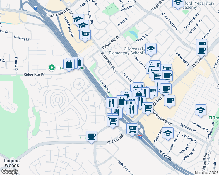 map of restaurants, bars, coffee shops, grocery stores, and more near 23602 Duryea Drive in Lake Forest