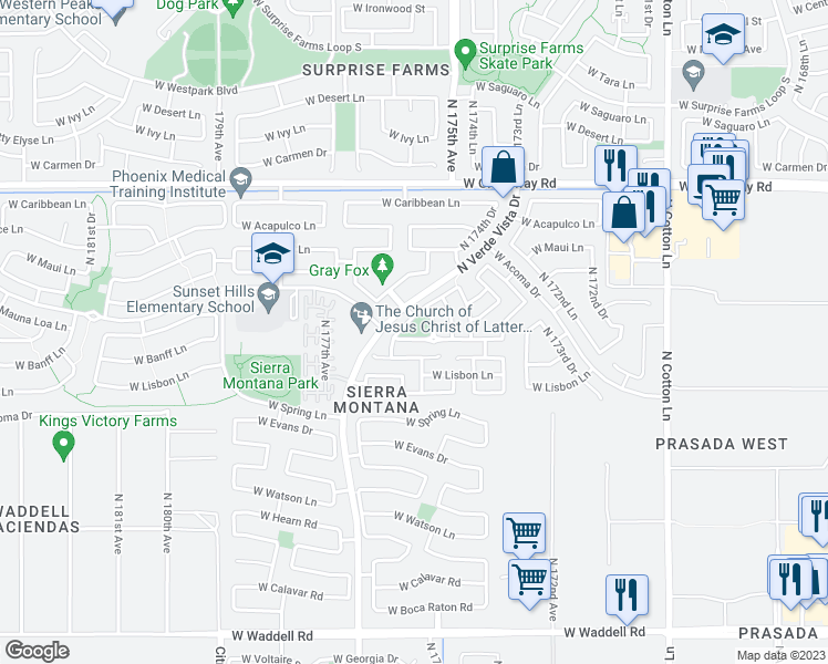 map of restaurants, bars, coffee shops, grocery stores, and more near 17557 West Mauna Loa Lane in Surprise
