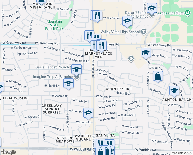 map of restaurants, bars, coffee shops, grocery stores, and more near 14730 North 154th Lane in Surprise
