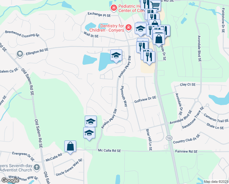 map of restaurants, bars, coffee shops, grocery stores, and more near 3309 Coach House Court Southeast in Conyers