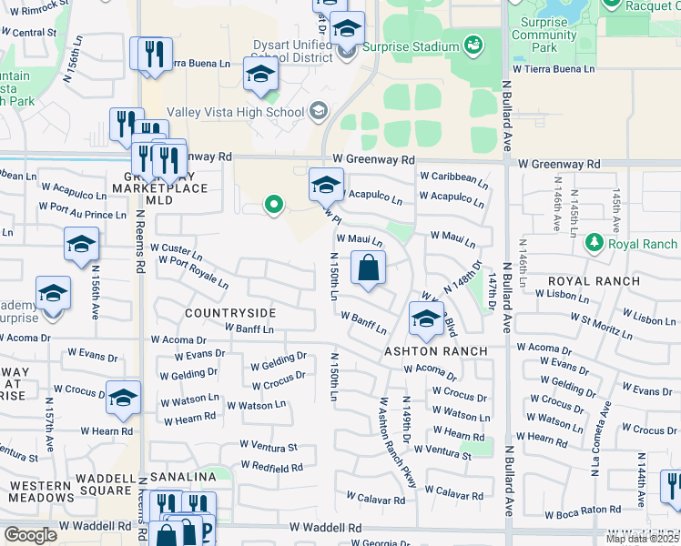map of restaurants, bars, coffee shops, grocery stores, and more near 14903 North 150th Lane in Surprise