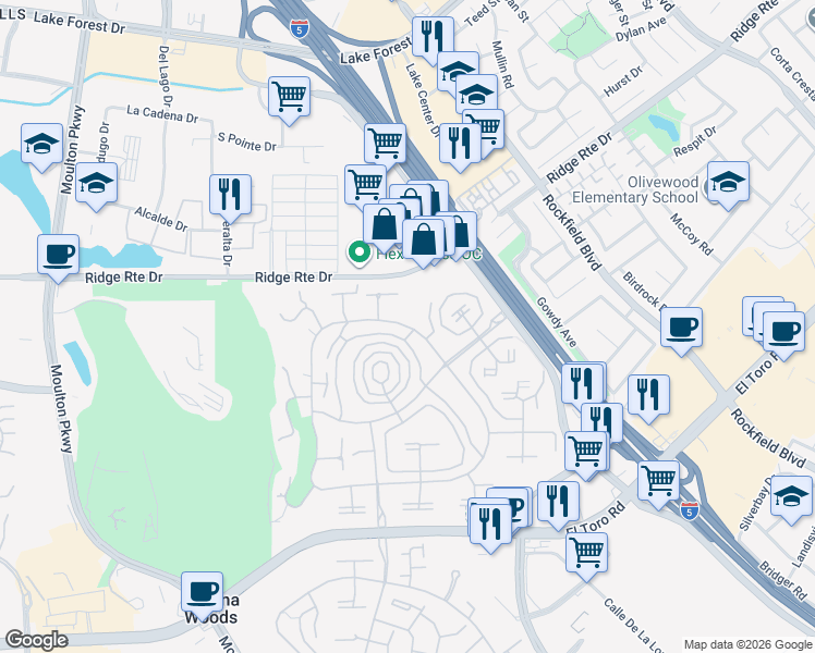 map of restaurants, bars, coffee shops, grocery stores, and more near 2279 Via Mariposa East in Laguna Woods