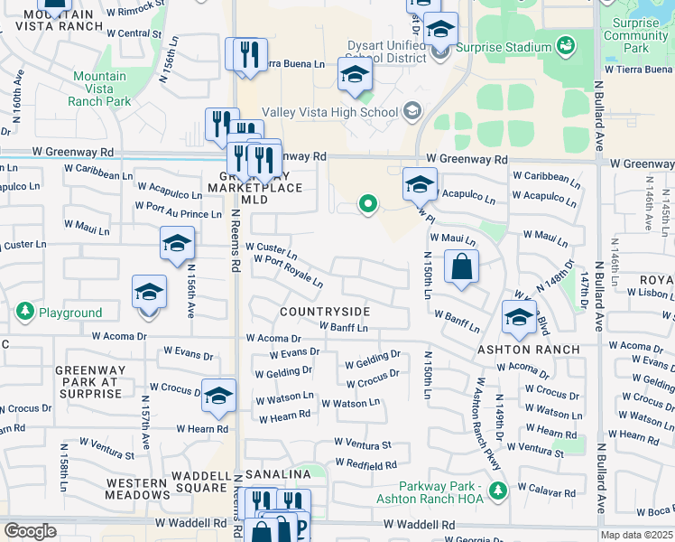map of restaurants, bars, coffee shops, grocery stores, and more near 14901 North 153rd Avenue in Surprise