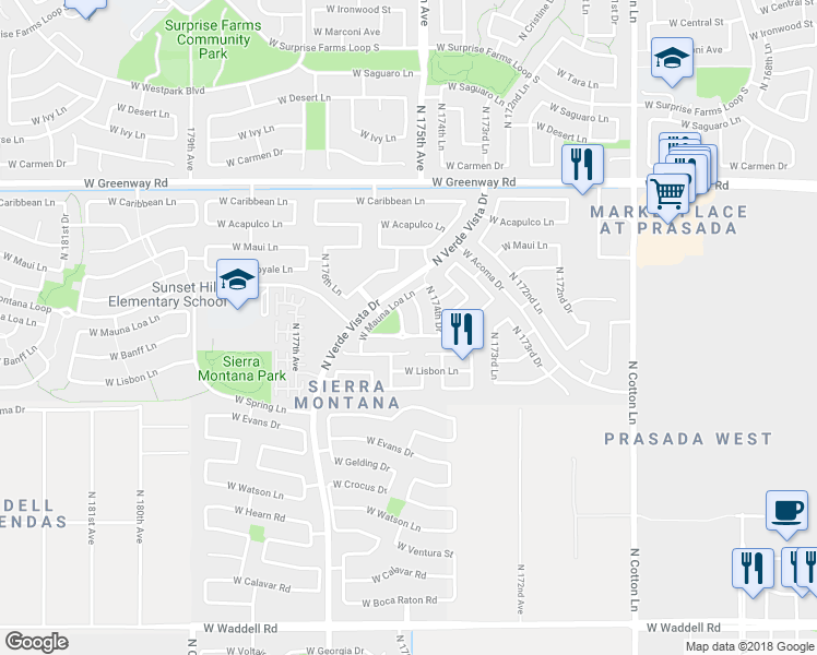 map of restaurants, bars, coffee shops, grocery stores, and more near 14869 North 175th Drive in Surprise