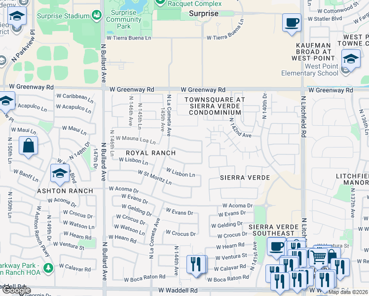 map of restaurants, bars, coffee shops, grocery stores, and more near 14412 West Mauna Loa Lane in Surprise