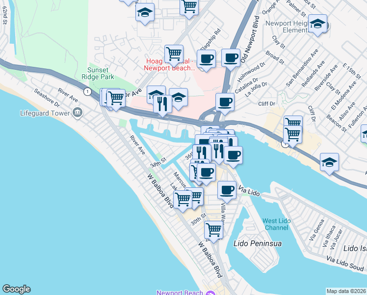 map of restaurants, bars, coffee shops, grocery stores, and more near 3711 Channel Place in Newport Beach