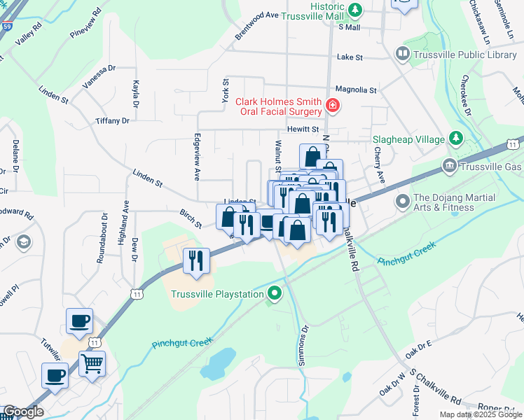 map of restaurants, bars, coffee shops, grocery stores, and more near 327 Birch Street in Trussville