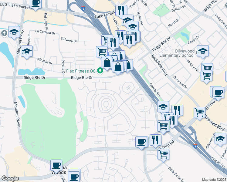 map of restaurants, bars, coffee shops, grocery stores, and more near 2277 Via Mariposa East in Laguna Woods