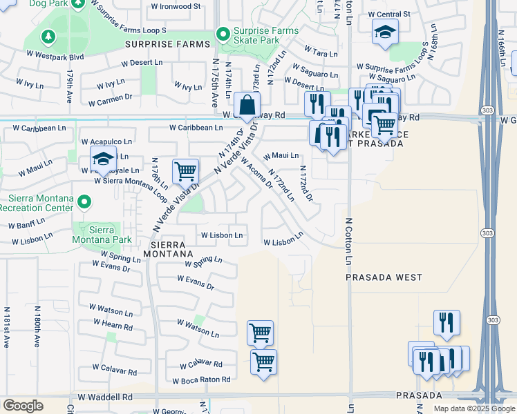 map of restaurants, bars, coffee shops, grocery stores, and more near 17338 West Woodrow Lane in Surprise