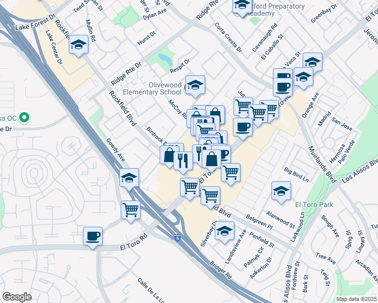 map of restaurants, bars, coffee shops, grocery stores, and more near 23651 El Toro Road in Lake Forest