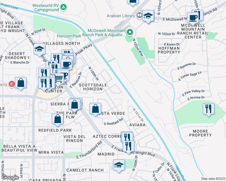 map of restaurants, bars, coffee shops, grocery stores, and more near 14697 North 100th Place in Scottsdale