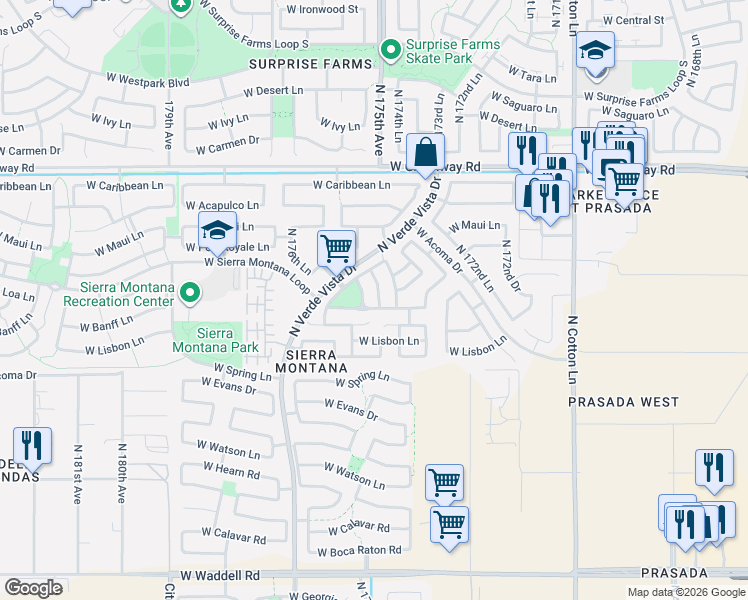 map of restaurants, bars, coffee shops, grocery stores, and more near 14869 North 175th Drive in Surprise