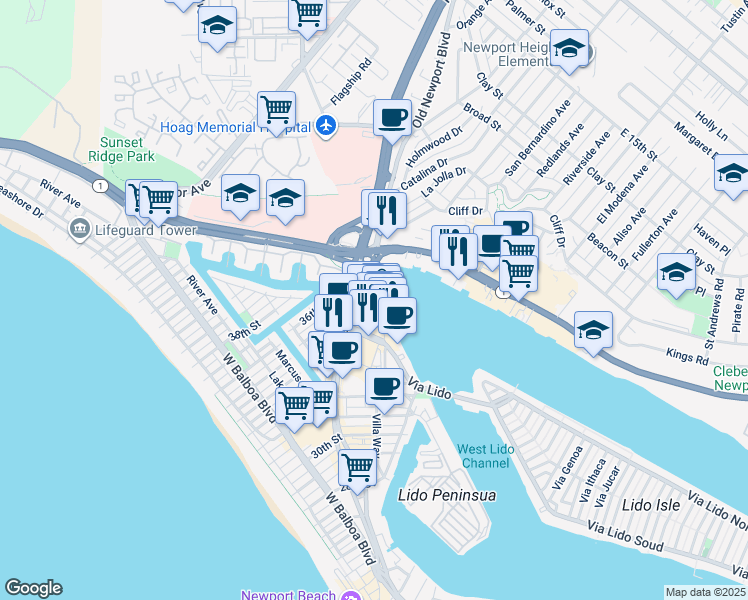 map of restaurants, bars, coffee shops, grocery stores, and more near 3450 Via Oporto in Newport Beach