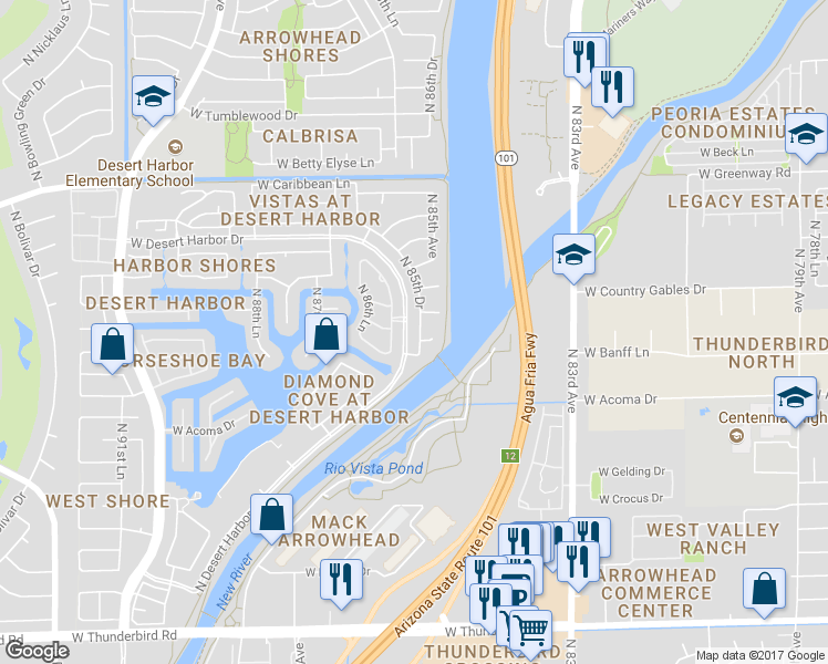 map of restaurants, bars, coffee shops, grocery stores, and more near 14914 North 85th Drive in Peoria