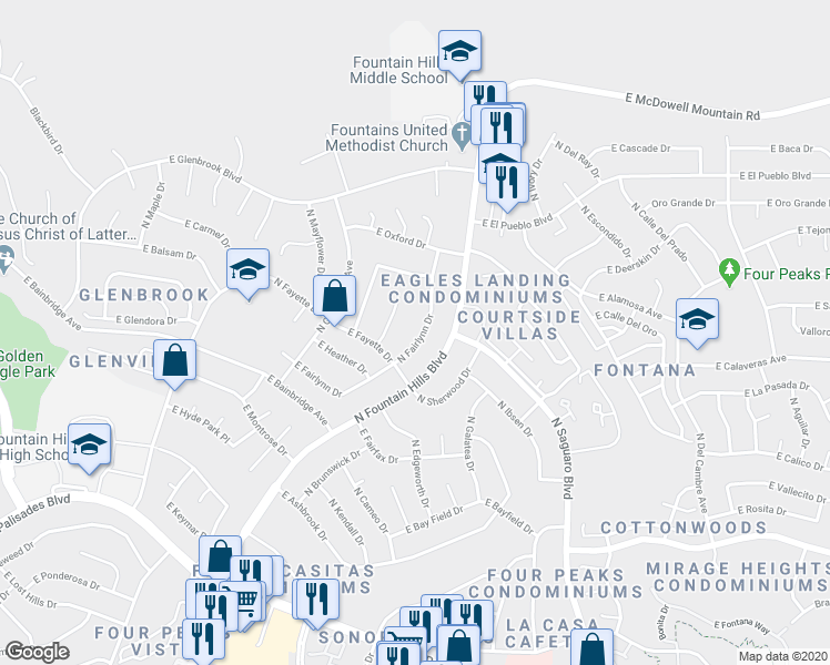 map of restaurants, bars, coffee shops, grocery stores, and more near 14628 North Fairlynn Drive in Fountain Hills