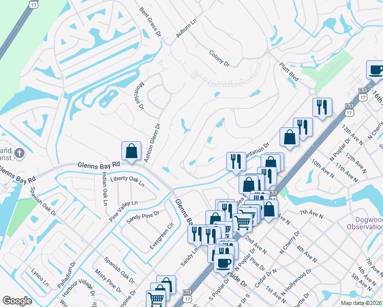map of restaurants, bars, coffee shops, grocery stores, and more near 924 Plantation Dr in Myrtle Beach