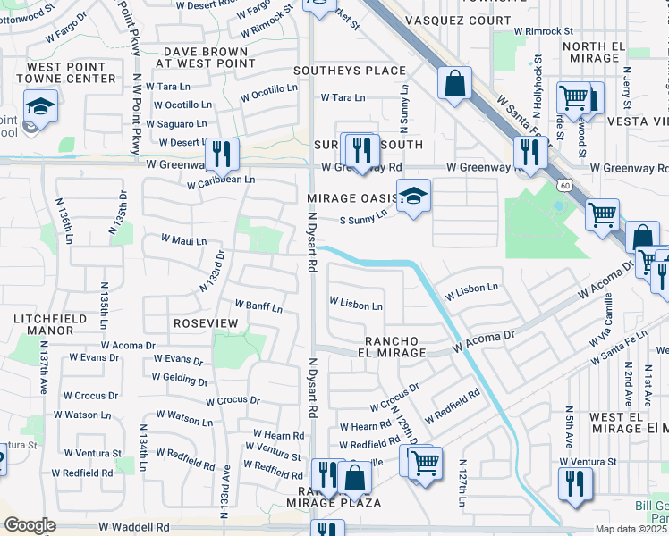 map of restaurants, bars, coffee shops, grocery stores, and more near 13041 West Port Royale Lane in El Mirage