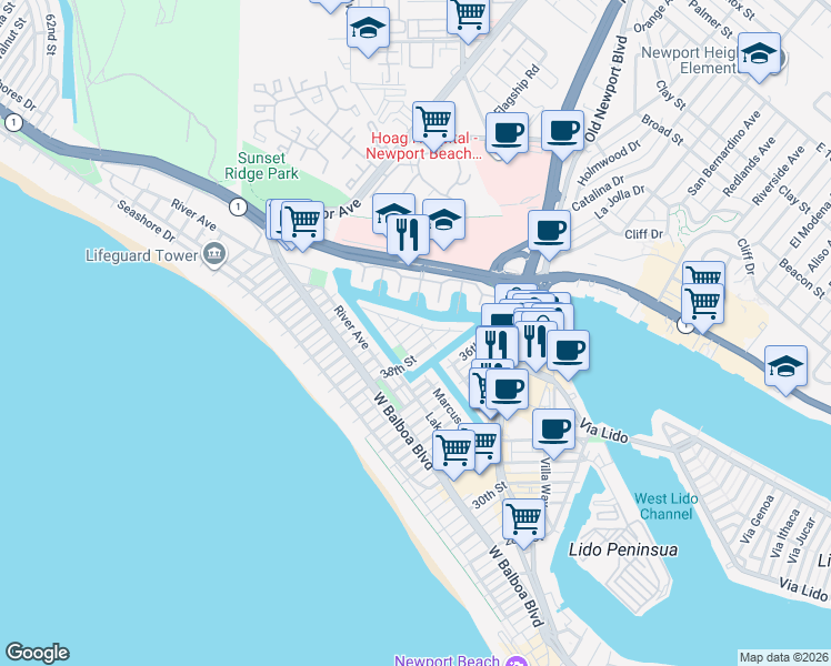 map of restaurants, bars, coffee shops, grocery stores, and more near 505 38th Street in Newport Beach