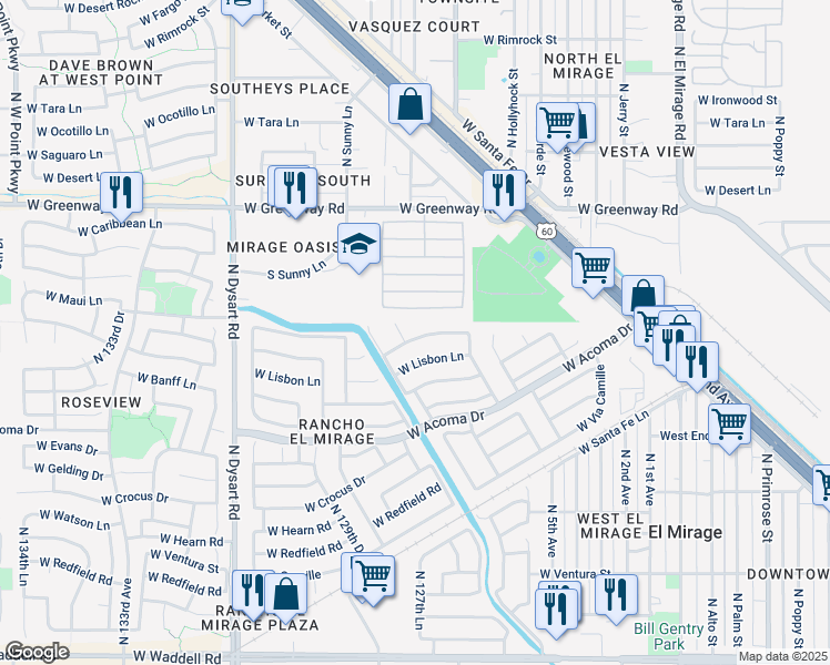map of restaurants, bars, coffee shops, grocery stores, and more near 12560 West Mauna Loa Lane in El Mirage