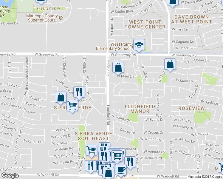 map of restaurants, bars, coffee shops, grocery stores, and more near 14928 North 138th Lane in Surprise