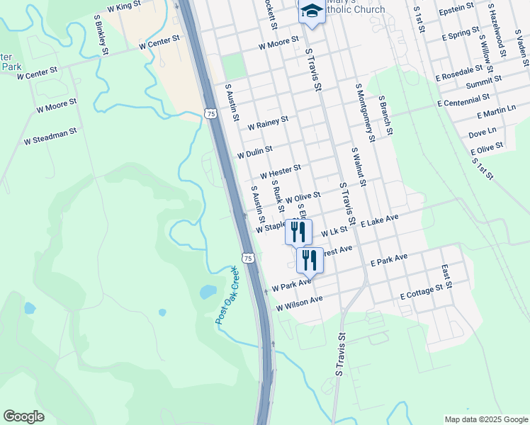 map of restaurants, bars, coffee shops, grocery stores, and more near 1505 South Austin Street in Sherman