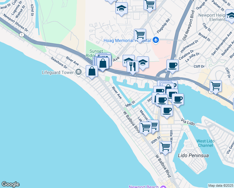 map of restaurants, bars, coffee shops, grocery stores, and more near 212 41st Street in Newport Beach