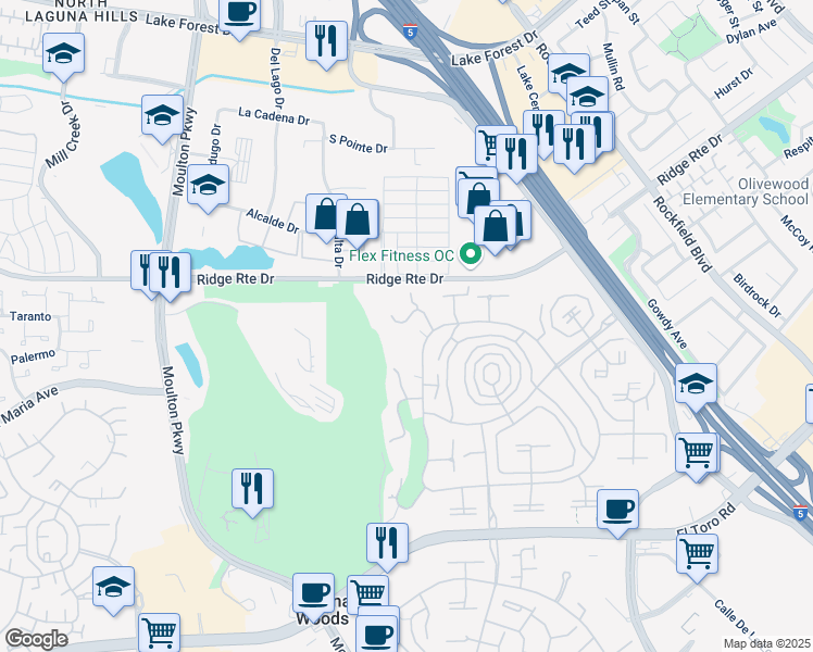 map of restaurants, bars, coffee shops, grocery stores, and more near 2402 Via Mariposa West in Laguna Woods