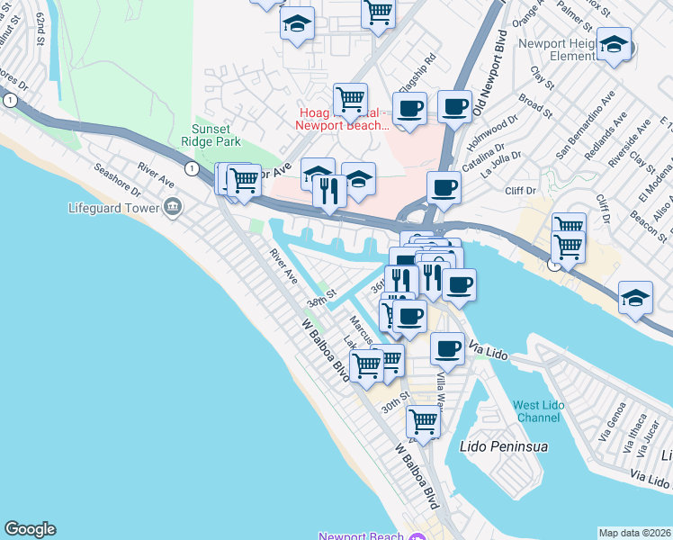 map of restaurants, bars, coffee shops, grocery stores, and more near 505 38th Street in Newport Beach