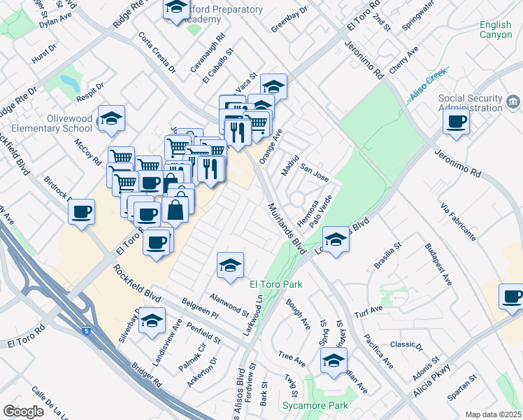 map of restaurants, bars, coffee shops, grocery stores, and more near 24922 Muirlands Boulevard in Lake Forest