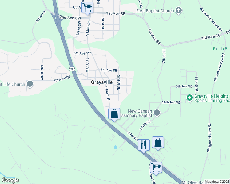 map of restaurants, bars, coffee shops, grocery stores, and more near 890 1st Street Southwest in Graysville
