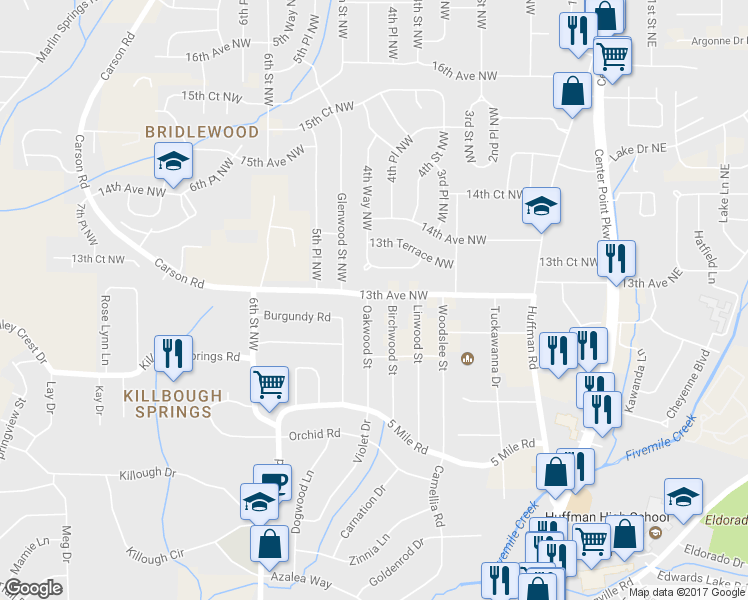 map of restaurants, bars, coffee shops, grocery stores, and more near 309 13th Avenue Northwest in Center Point
