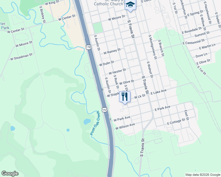 map of restaurants, bars, coffee shops, grocery stores, and more near 1505 South Austin Street in Sherman