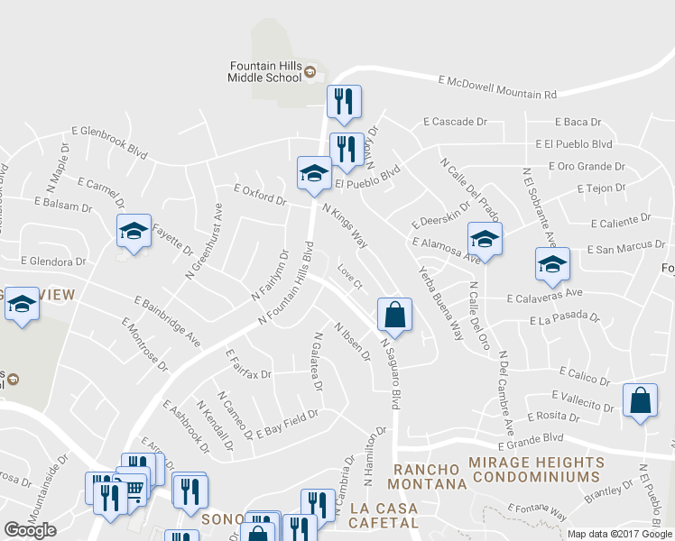 map of restaurants, bars, coffee shops, grocery stores, and more near 14652 Love Court in Fountain Hills