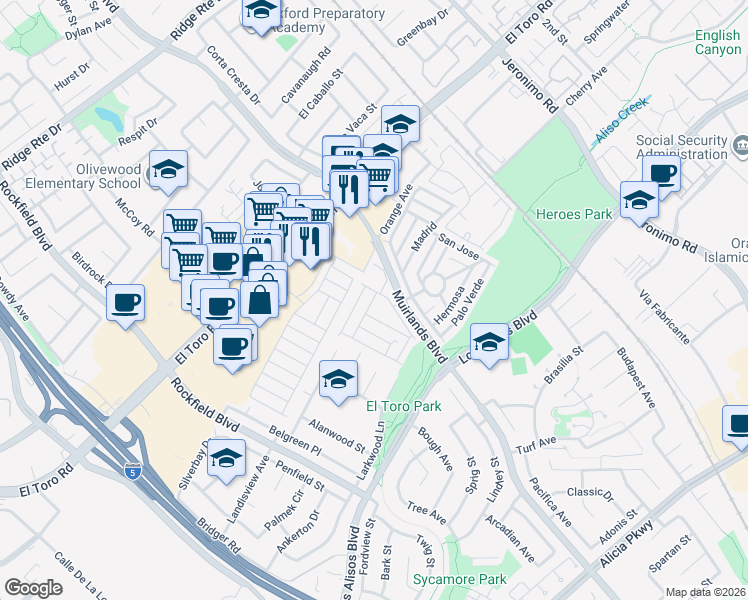 map of restaurants, bars, coffee shops, grocery stores, and more near 132 Muppet Way in Lake Forest