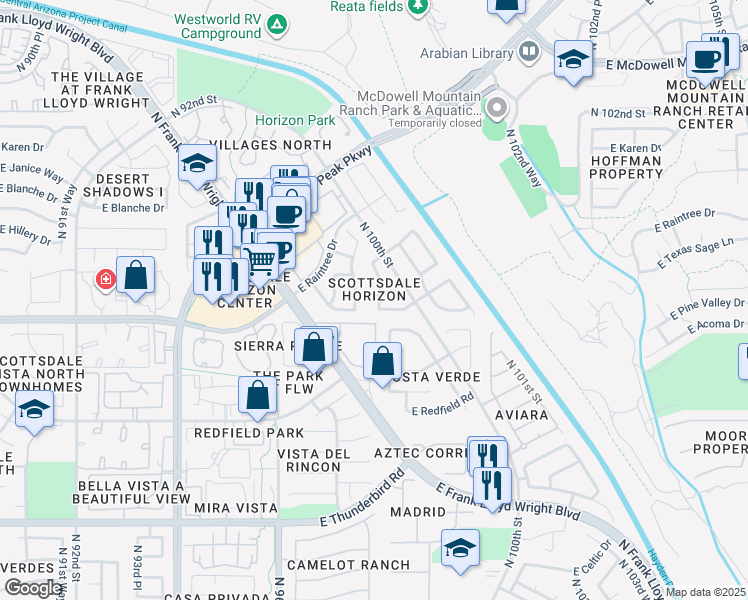 map of restaurants, bars, coffee shops, grocery stores, and more near 14636 North 98th Street in Scottsdale