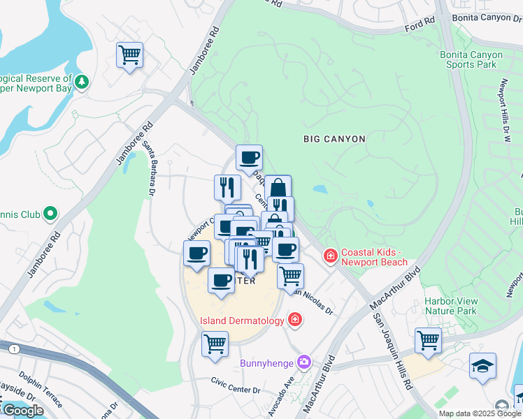 map of restaurants, bars, coffee shops, grocery stores, and more near 650 Newport Center Drive in Newport Beach